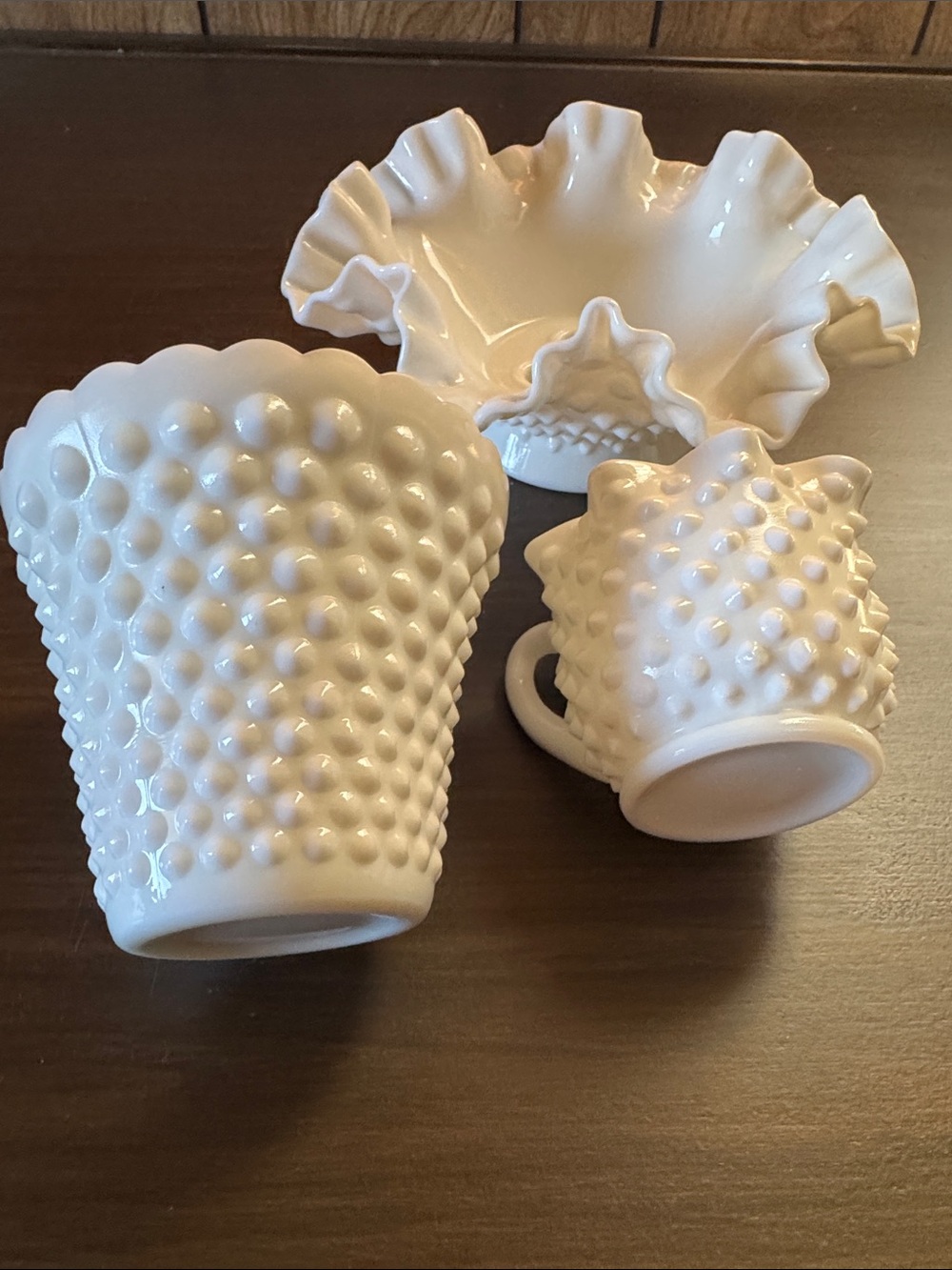 Vintage White Hobnail Milk Glass Vase and Mugs Set - Elegant Home Accents - Picture 2 of 14